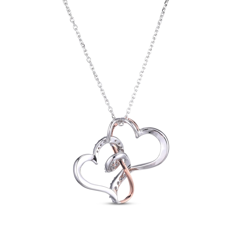 Round-Cut White Lab-Created Sapphire Hearts Necklace Sterling Silver & 10K Rose Gold 18”