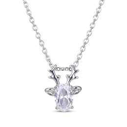 Oval-Cut White Lab-Created Sapphire Deer Necklace Sterling Silver 18”