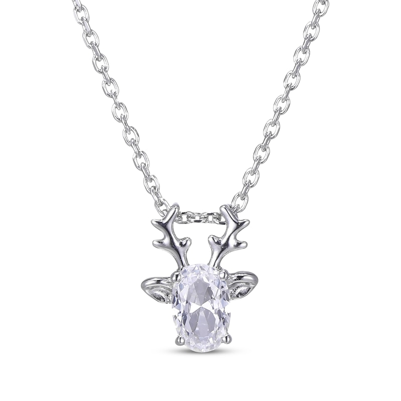 Oval-Cut White Lab-Created Sapphire Deer Necklace Sterling Silver 18”