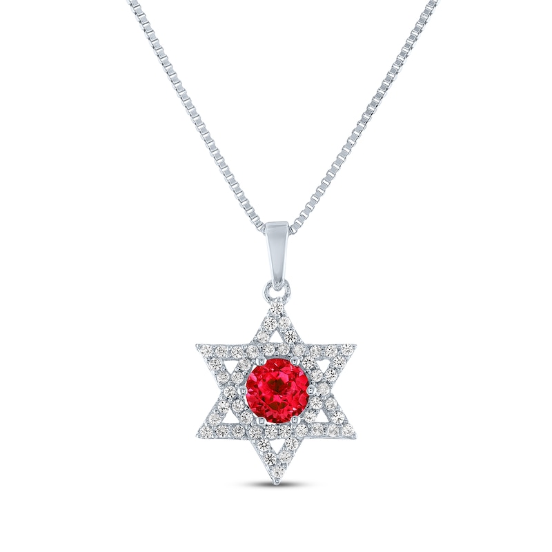 Main Image 1 of Round-Cut Lab-Created Ruby & White Lab-Created Sapphire Star of David Necklace Sterling Silver 18&quot;