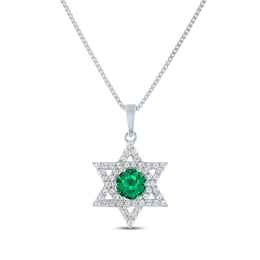Round-Cut Lab-Created Emerald & White Lab-Created Sapphire Star of David Necklace Sterling Silver 18&quot;
