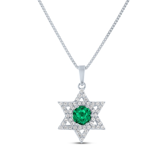 Round-Cut Lab-Created Emerald & White Lab-Created Sapphire Star of David Necklace Sterling Silver 18"