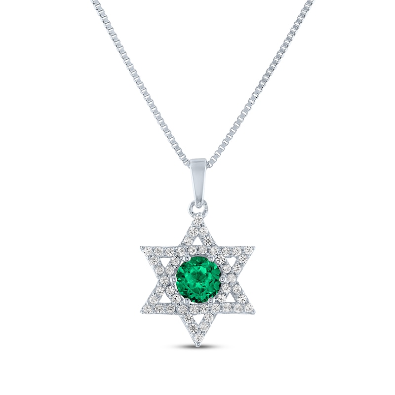 Main Image 1 of Round-Cut Lab-Created Emerald & White Lab-Created Sapphire Star of David Necklace Sterling Silver 18&quot;