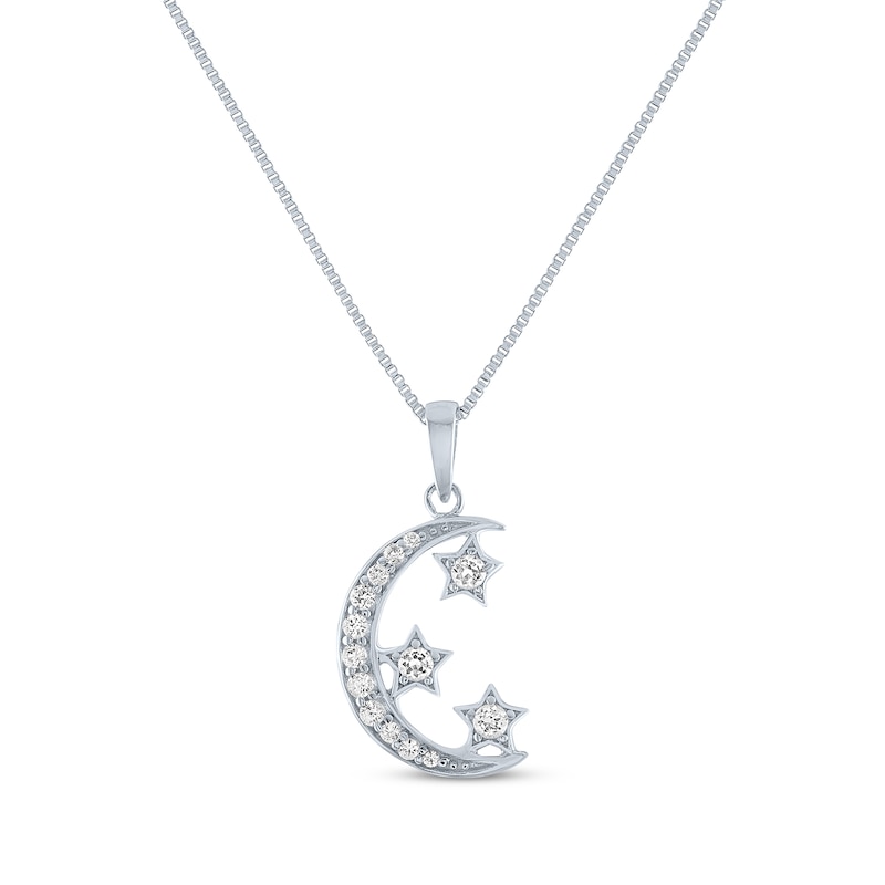 Main Image 1 of Round-Cut White Lab-Created Sapphire Moon & Star Necklace Sterling Silver 18&quot;