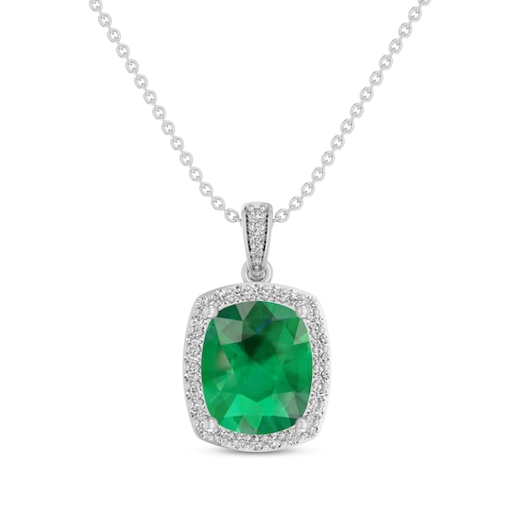 Cushion-Cut Lab-Created Emerald & White Lab-Created Sapphire Necklace Sterling Silver 18"