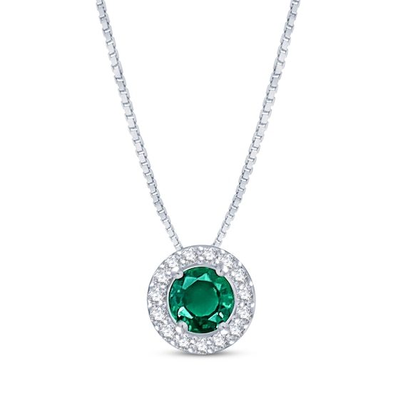 Lab-Created Emerald & White Lab-Created Sapphire Halo Necklace Sterling Silver 18"