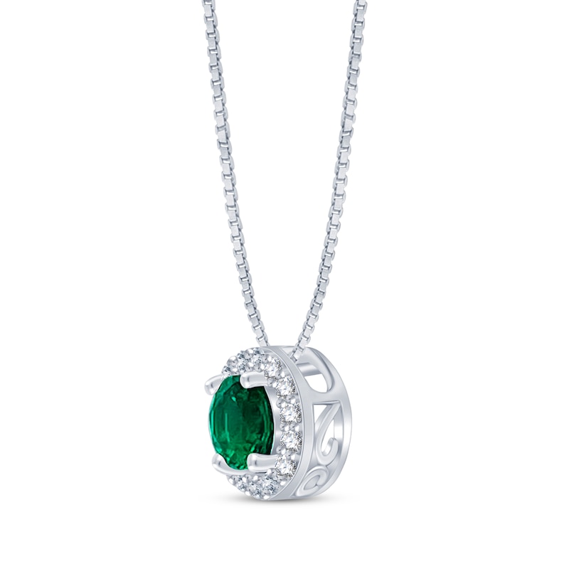 Main Image 2 of Lab-Created Emerald & White Lab-Created Sapphire Halo Necklace Sterling Silver 18&quot;