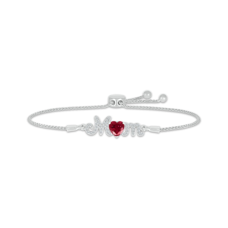 Main Image 1 of Heart-Shaped Lab-Created Ruby & White Lab-Created Sapphire &quot;Mom&quot; Bolo Bracelet Sterling Silver