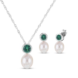 Cultured Pearl & Lab-Created Emerald Bezel Gift Set Sterling Silver