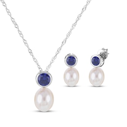 Cultured Pearl & Blue Lab-Created Sapphire Bezel Gift Set Sterling Silver