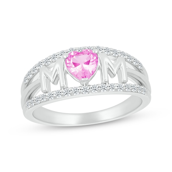 Heart-Shaped Pink Lab-Created Sapphire & White Lab-Created Sapphire "Mom" Ring Sterling Silver