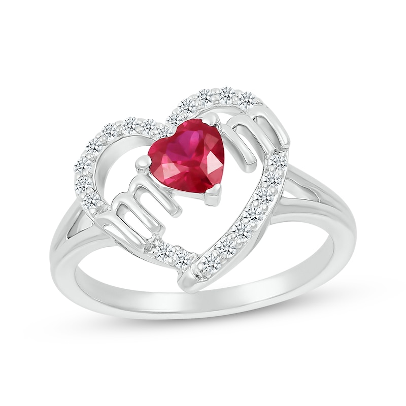 Main Image 1 of Heart-Shaped Lab-Created Ruby & White Lab-Created Sapphire &quot;Mom&quot; Ring Sterling Silver