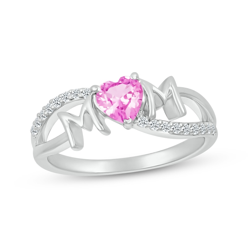 Main Image 1 of Heart-Shaped Pink Lab-Created Sapphire & White Lab-Created Sapphire &quot;Mom&quot; Ring Sterling Silver