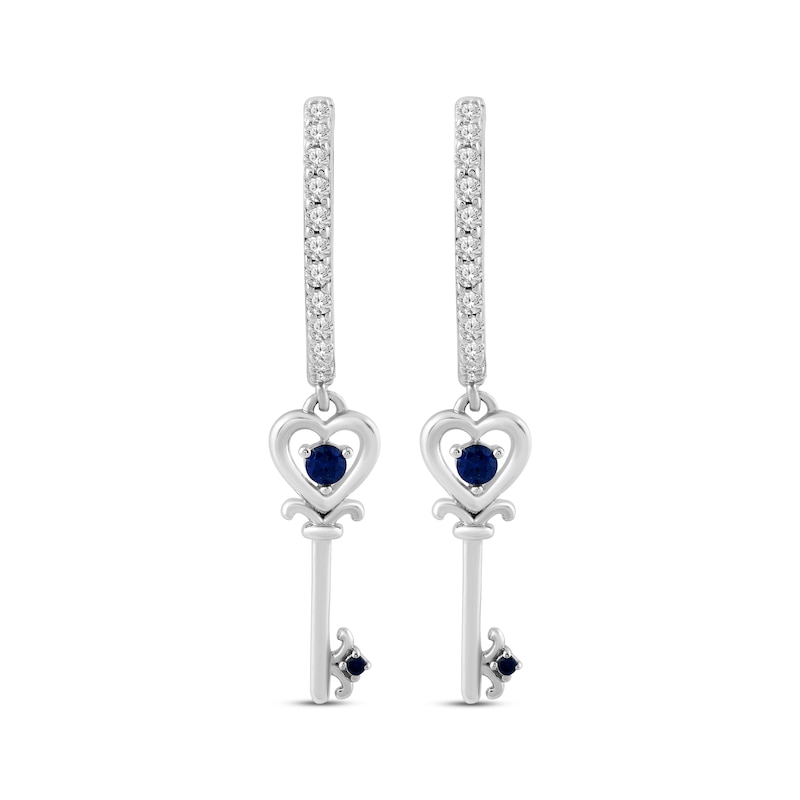 Blue & White Lab-Created Sapphire Key Dangle Hoop Earrings Sterling Silver