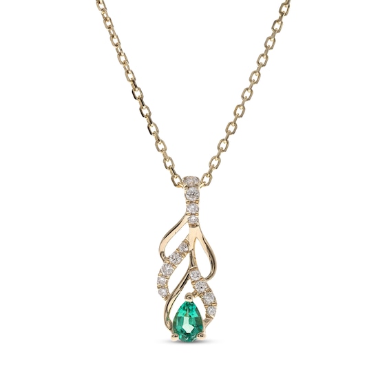 Pear-Shaped Emerald & Diamond Layered Teardrop Necklace 1/15 ct tw 10K Yellow Gold 18”