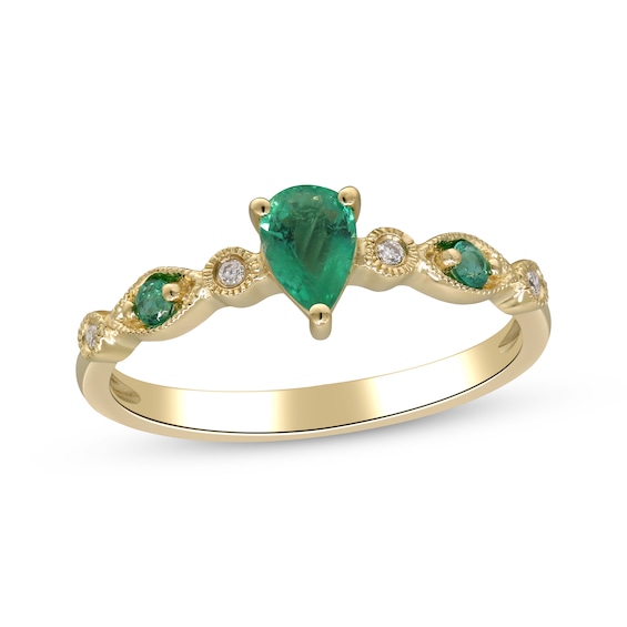 Pear-Shaped Emerald & Diamond Accent Ring 10K Yellow Gold