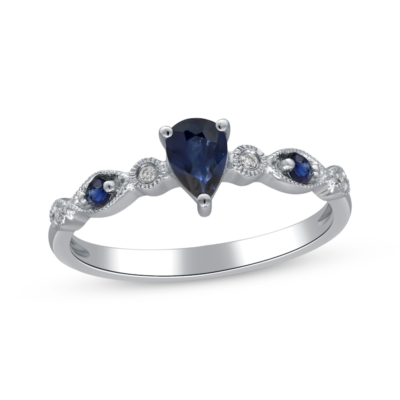 Main Image 1 of Pear-Shaped Blue Sapphire & Diamond Accent Ring 10K White Gold