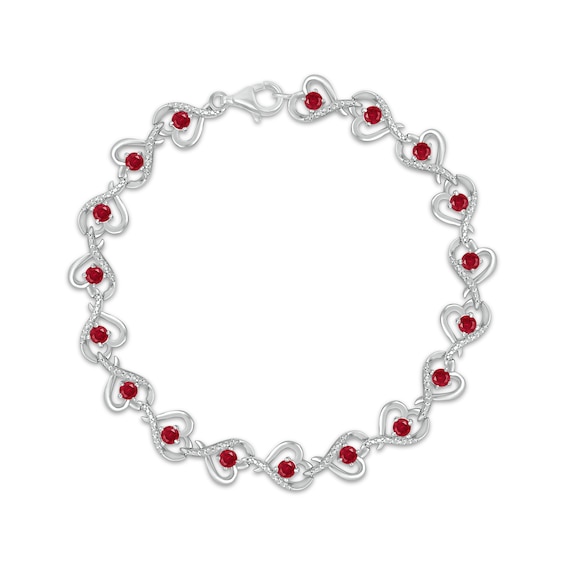 Lab-Created Ruby Interlinked Hearts Bracelet Sterling Silver 7.5"