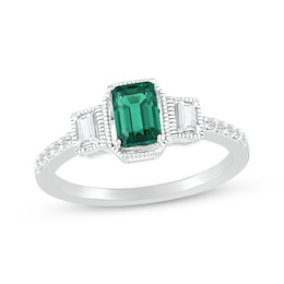 Emerald-Cut Lab-Created Emerald & White Lab-Created Sapphire Three-Stone Ring Sterling Silver