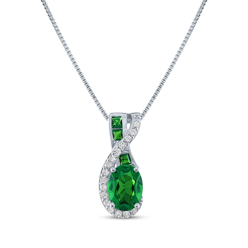 Main Image 1 of Oval & Square-Cut Lab-Created Emerald & White Lab-Created Sapphire Swirl Necklace Sterling Silver 18&quot;