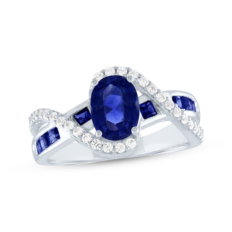 Main Image 1 of Oval-Cut Blue Lab-Created Sapphire & White Lab-Created Sapphire Bypass Ring Sterling Silver