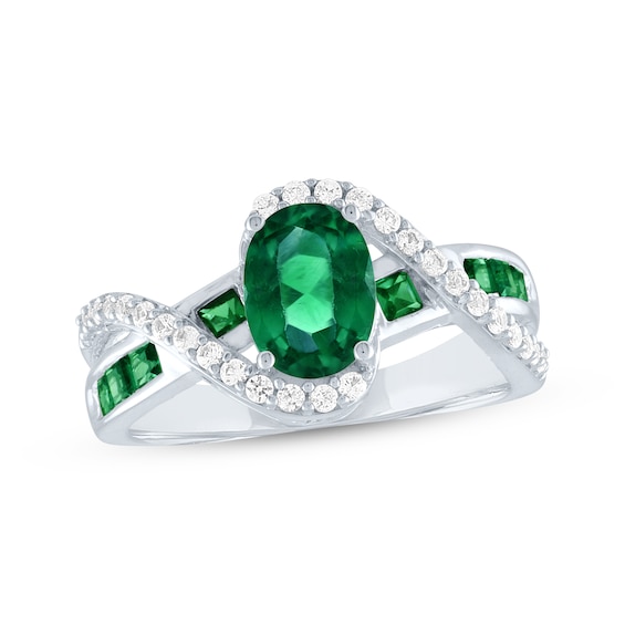 Oval-Cut Lab-Created Emerald & White Lab-Created Sapphire Bypass Ring Sterling Silver
