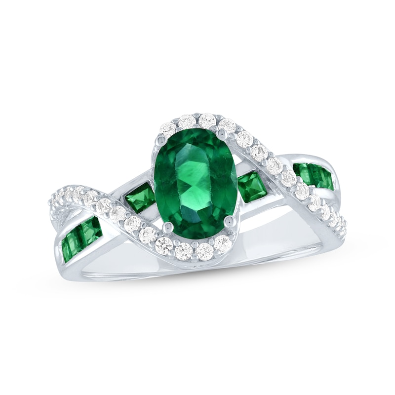 Main Image 1 of Oval-Cut Lab-Created Emerald & White Lab-Created Sapphire Bypass Ring Sterling Silver