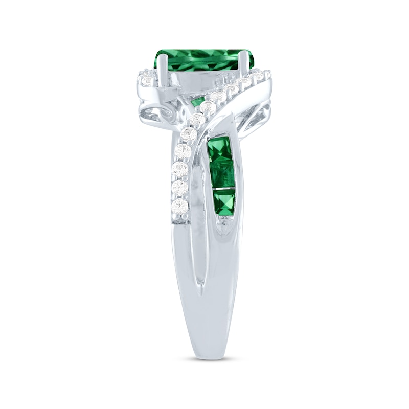 Main Image 2 of Oval-Cut Lab-Created Emerald & White Lab-Created Sapphire Bypass Ring Sterling Silver