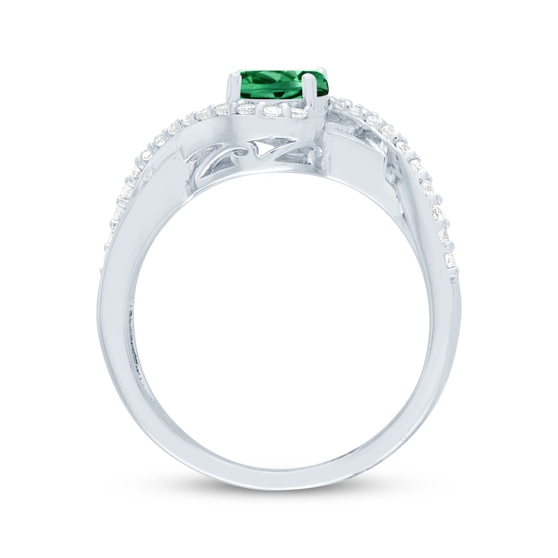 Main Image 3 of Oval-Cut Lab-Created Emerald & White Lab-Created Sapphire Bypass Ring Sterling Silver