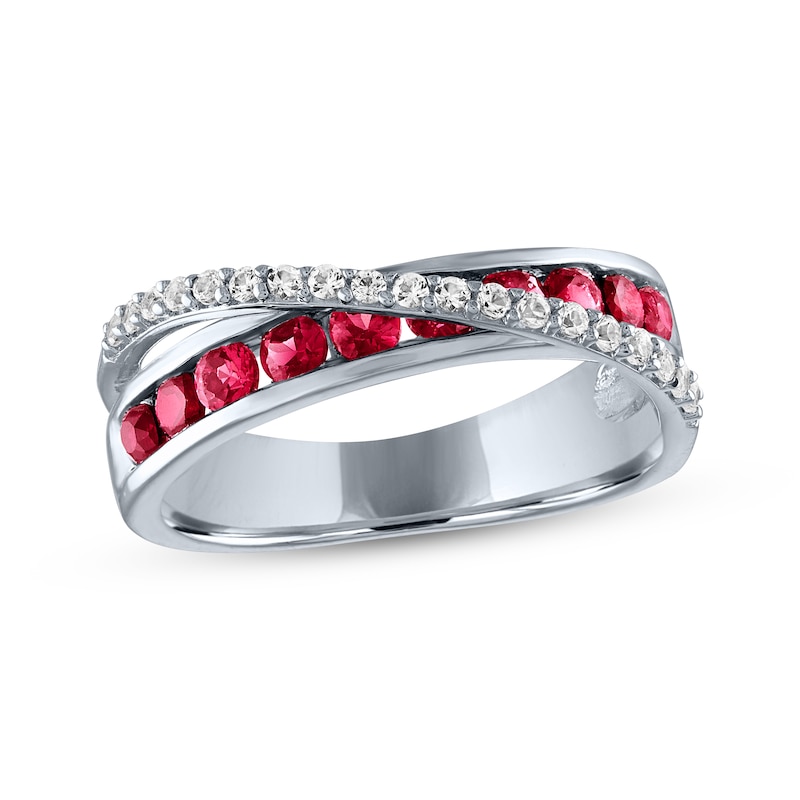 Main Image 1 of Lab-Created Ruby & White Lab-Created Sapphire Crossover Ring Sterling Silver