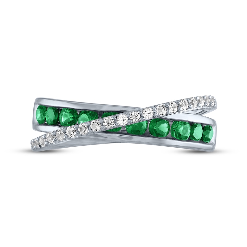 Main Image 3 of Lab-Created Emerald & White Lab-Created Sapphire Crossover Ring Sterling Silver