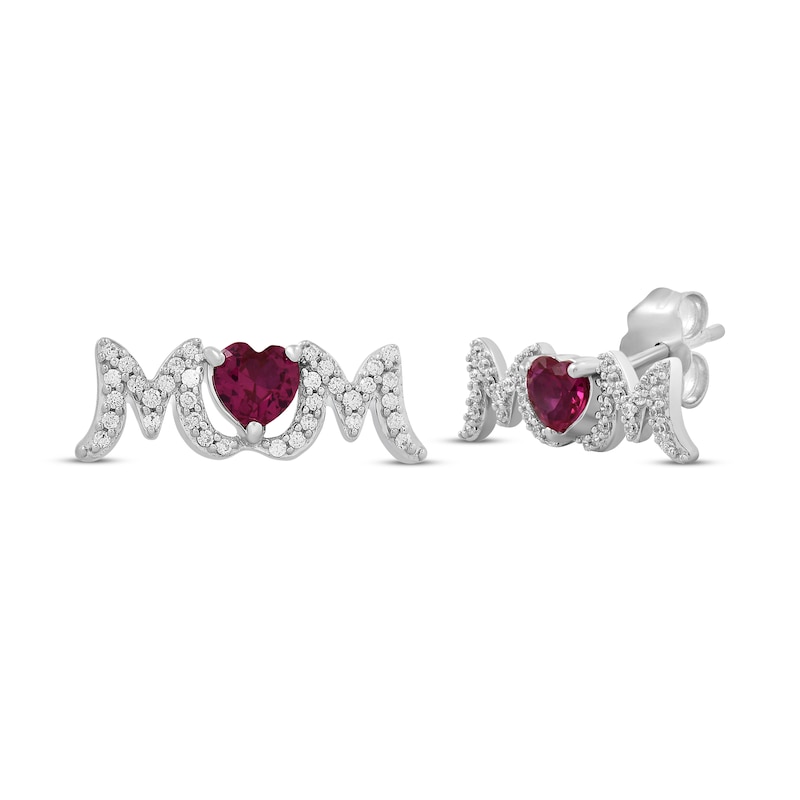 Main Image 1 of Heart-Shaped Lab-Created Ruby & White Lab-Created Sapphire &quot;Mom&quot; Earrings Sterling Silver