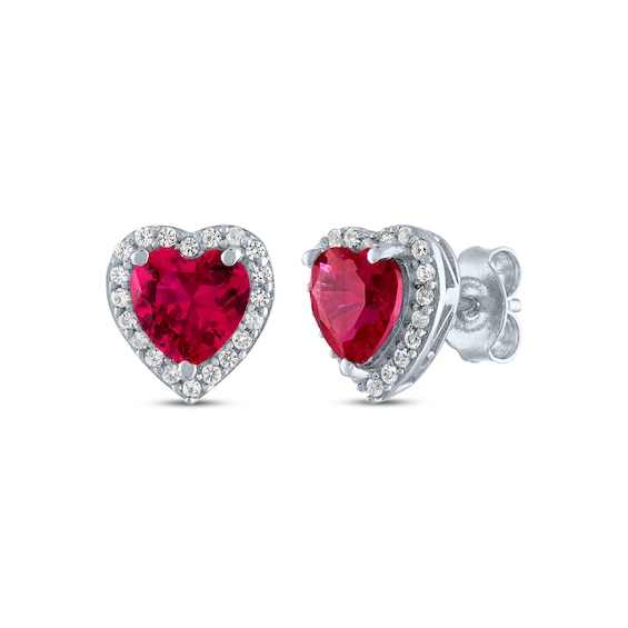 Heart-Shaped Lab-Created Ruby & White Lab-Created Sapphire Stud Earrings Sterling Silver