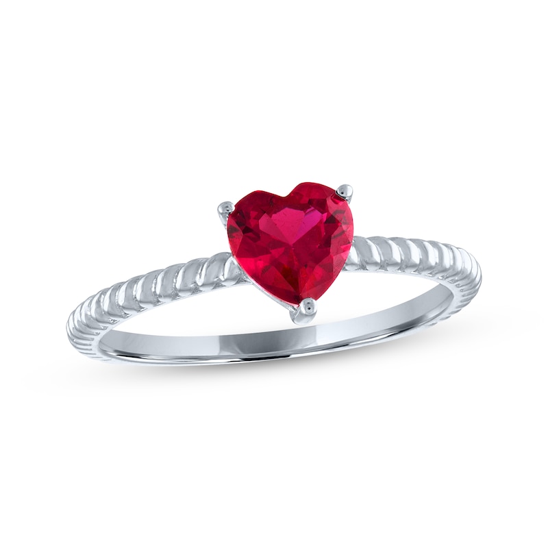 Main Image 1 of Heart-Shaped Lab-Created Ruby Solitaire Rope Ring Sterling Silver