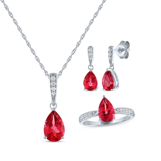 Pear-Shaped Lab-Created Ruby & White Lab-Created Sapphire Gift Set Sterling Silver - Size 7