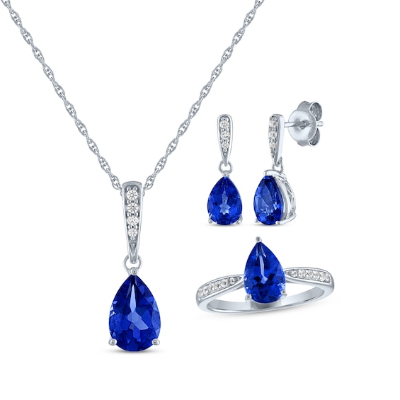 Pear-Shaped Blue Lab-Created Sapphire & White Lab-Created Sapphire Gift Set Sterling Silver - Size 7