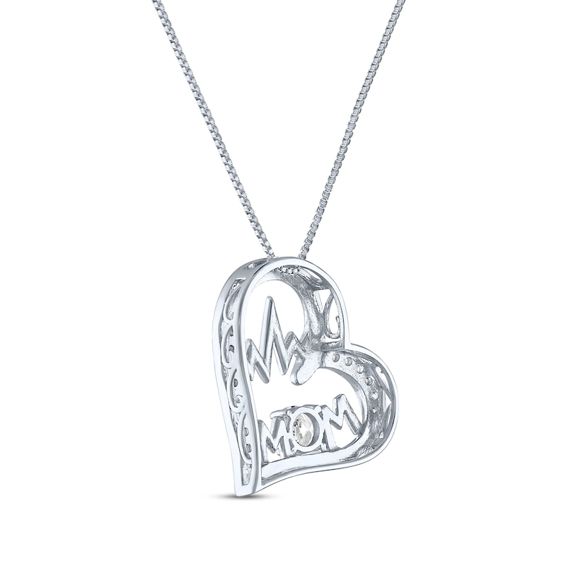 White Lab-Created Sapphire "Mom" Heartbeat Necklace Sterling Silver 18"