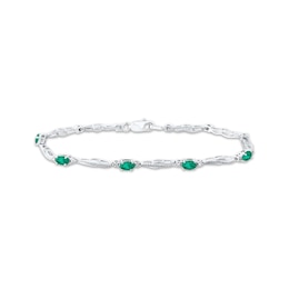 Oval-Cut Lab-Created Emerald & Diamond Accent Wavy Link Bracelet Sterling Silver 7.25&quot;