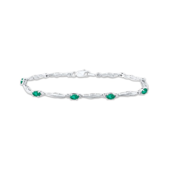 Oval-Cut Lab-Created Emerald & Diamond Accent Wavy Link Bracelet Sterling Silver 7.25"
