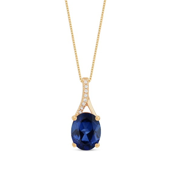 Oval-Cut Blue Lab-Created Sapphire & Diamond Accent Necklace 10K Yellow Gold 18"
