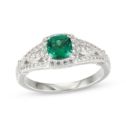 Cushion-Shaped Lab-Created Emerald & White Lab-Created Sapphire Ring Sterling Silver