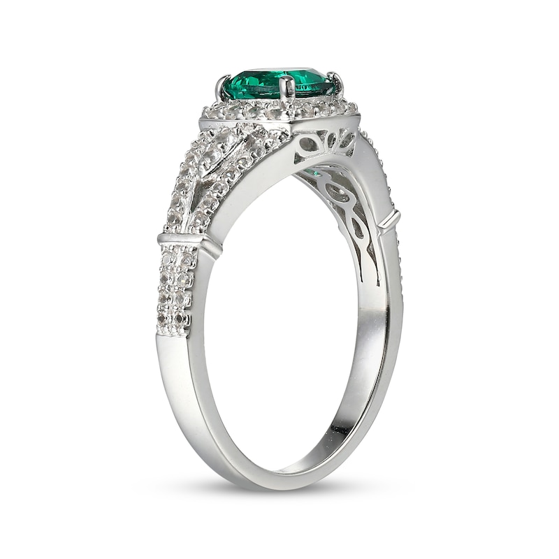 Cushion-Shaped Lab-Created Emerald & White Lab-Created Sapphire Ring Sterling Silver