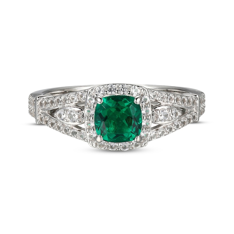 Cushion-Shaped Lab-Created Emerald & White Lab-Created Sapphire Ring Sterling Silver