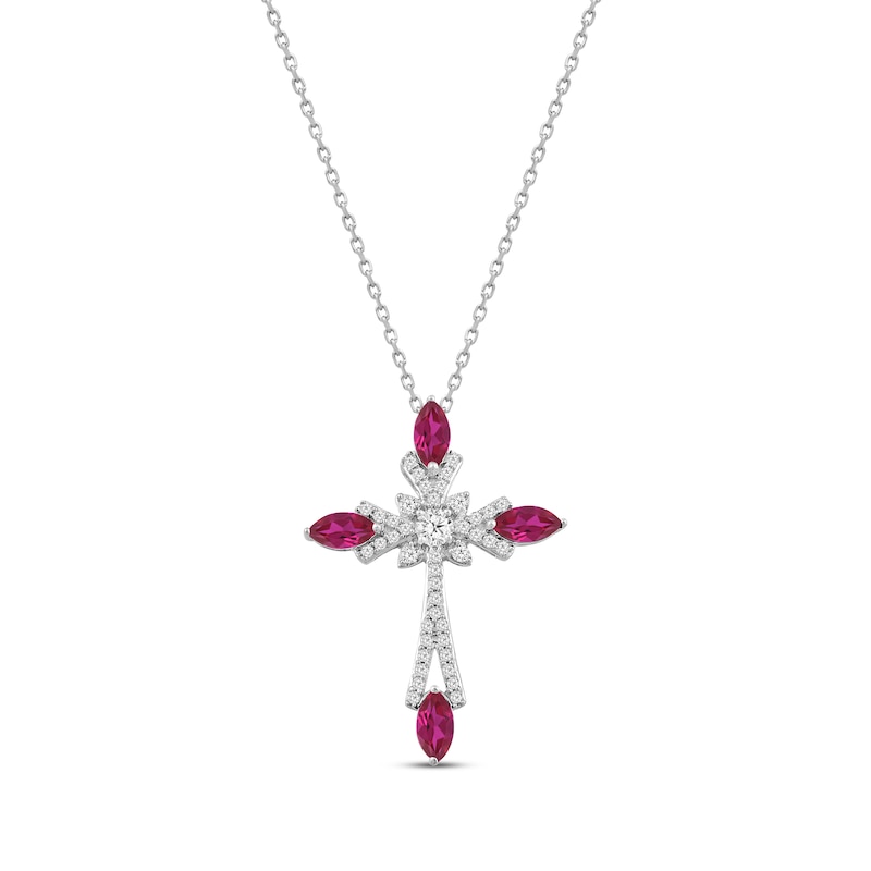 Main Image 1 of Marquise-Cut Lab-Created Ruby & Round-Cut White Lab-Created Sapphire Cross Necklace Sterling Silver 18&quot;