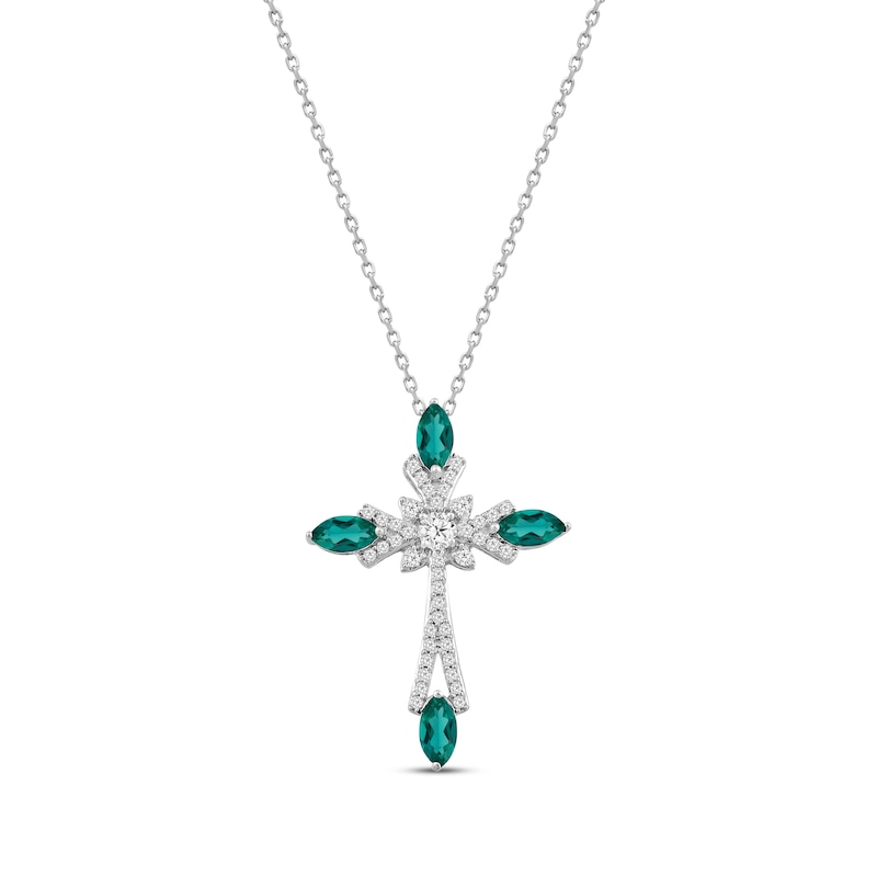 Main Image 1 of Marquise-Cut Lab-Created Emerald & Round-Cut White Lab-Created Sapphire Cross Necklace Sterling Silver 18&quot;