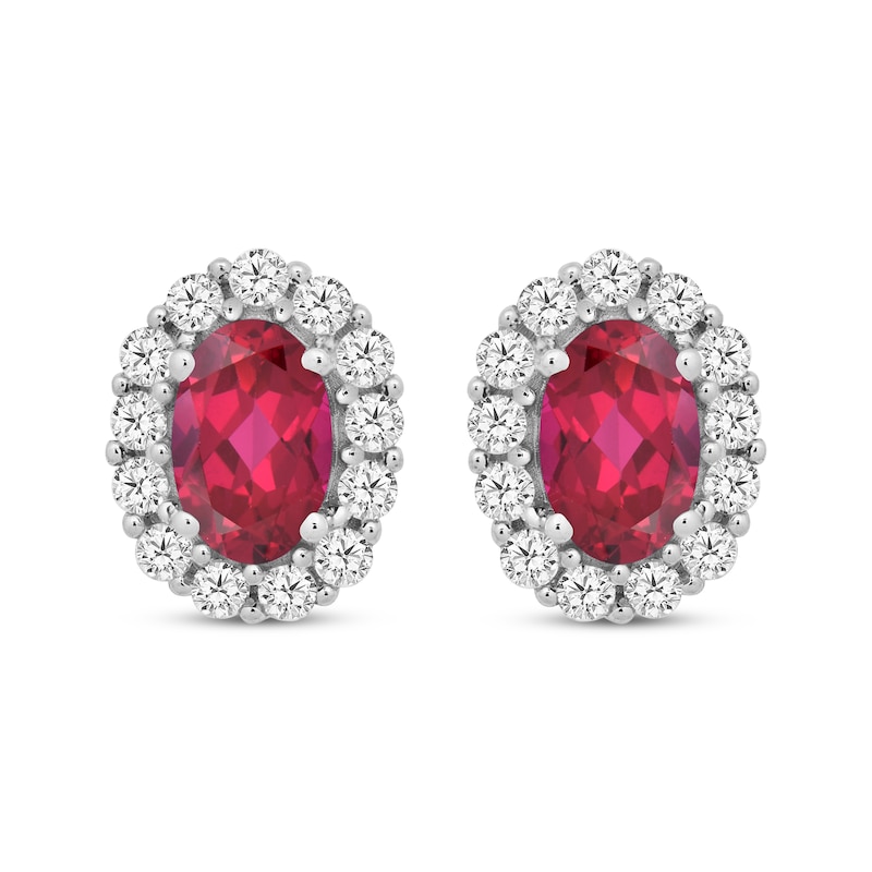 Main Image 1 of Oval-Cut Lab-Created Ruby & White Lab-Created Sapphire Halo Earrings Sterling Silver