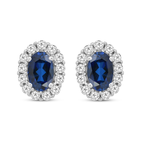 Oval-Cut Blue Lab-Created Sapphire & White Lab-Created Sapphire Halo Earrings Sterling Silver