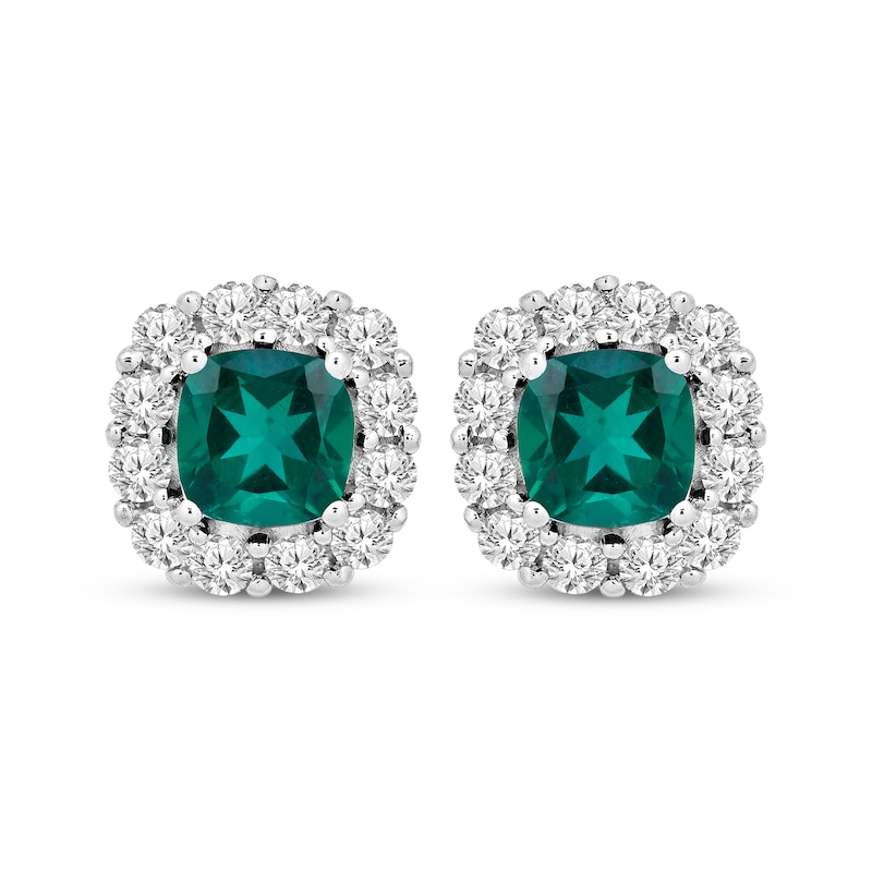 Main Image 1 of Cushion-Cut Lab-Created Emerald & White Lab-Created Sapphire Frame Earrings Sterling Silver