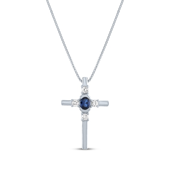 Oval-Cut Blue Lab-Created Sapphire & Round-Cut White Lab-Created Sapphire Cross Necklace Sterling Silver 18"