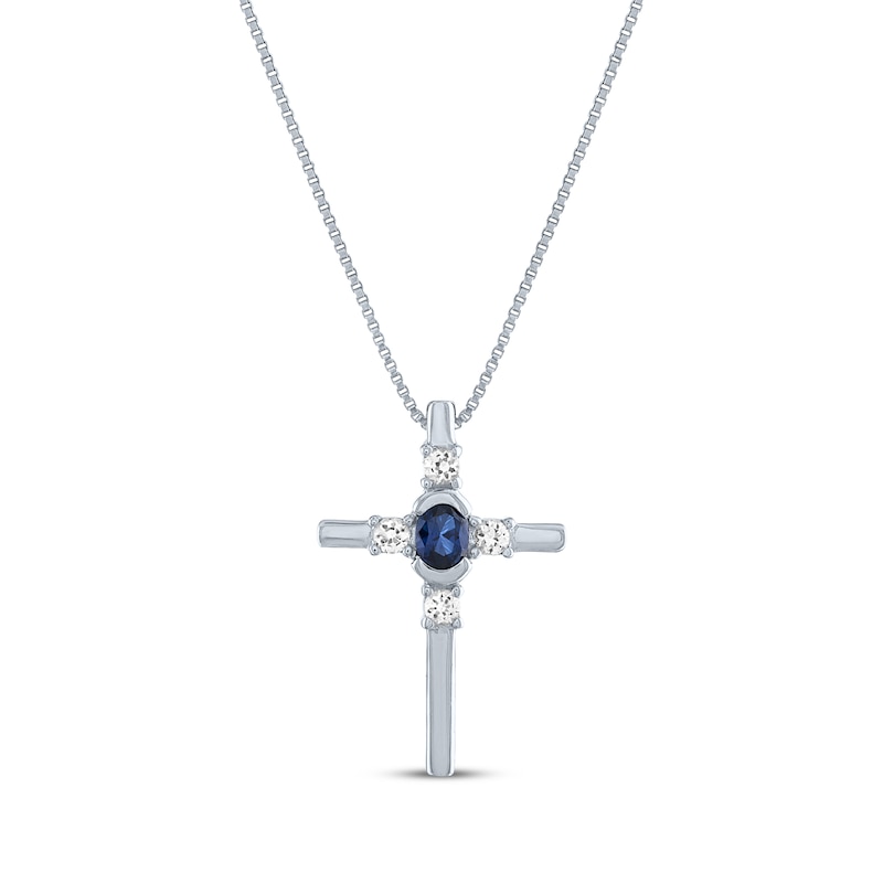 Main Image 1 of Oval-Cut Blue Lab-Created Sapphire & Round-Cut White Lab-Created Sapphire Cross Necklace Sterling Silver 18&quot;